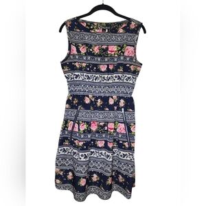 FEATHERS Navy Floral Boho Elastic Waist Zip Pocket Sleeveless mini dress, size L